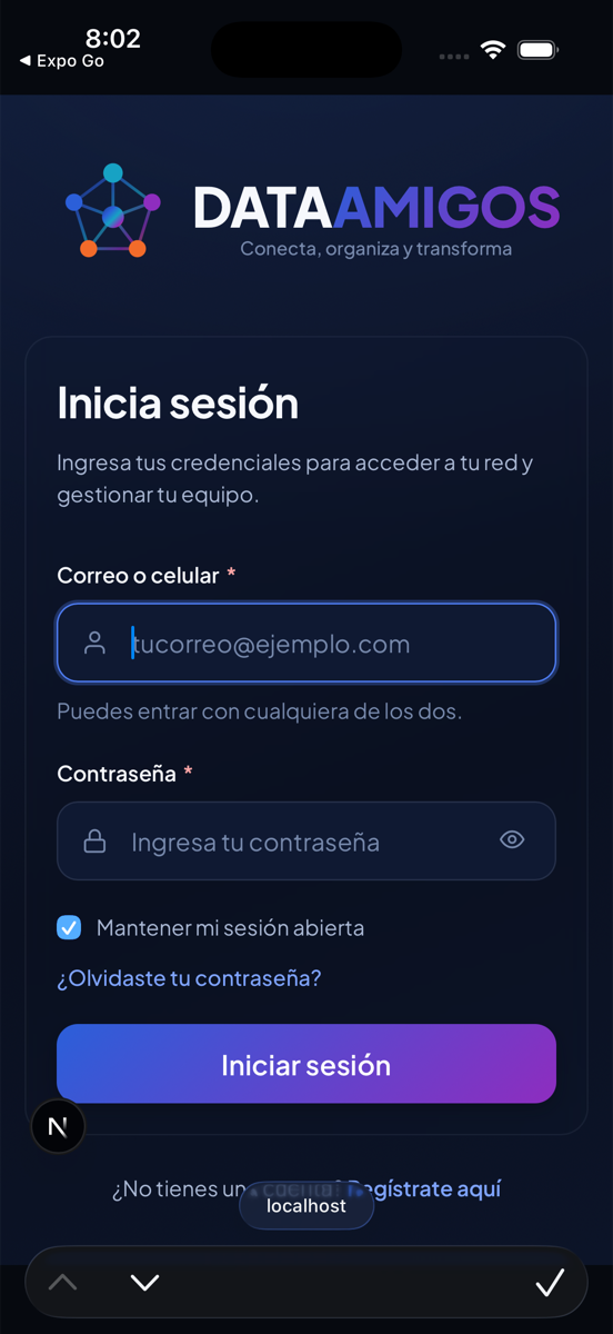 Pantalla de acceso de la app DataAmigos en un teléfono